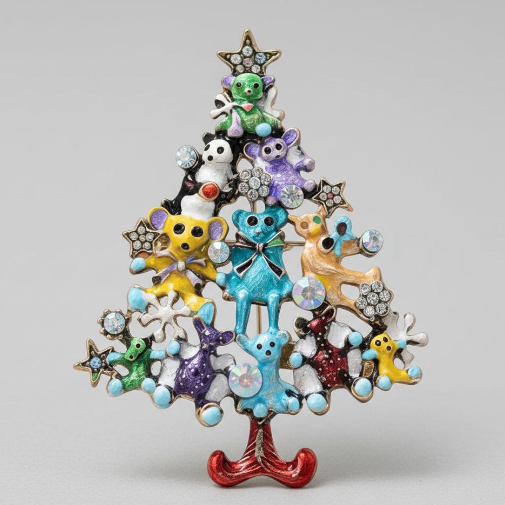 Colorful Christmas tree-shaped brooch with teddy bears on a light gray background