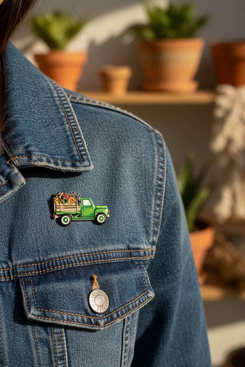 Green garden truck with florals in the back set on a light gray background