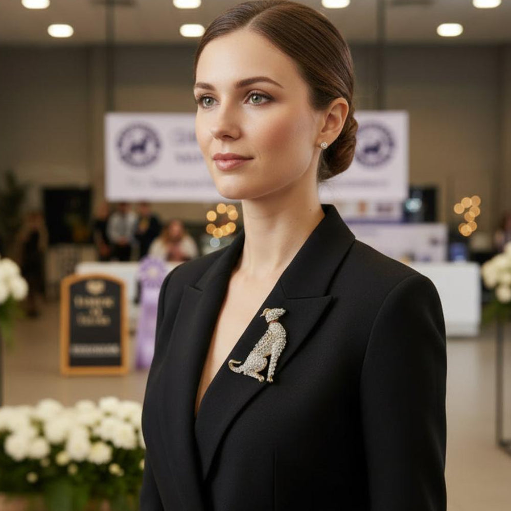Greyhound-shaped rhinestone brooch on a woman’s black blazer
