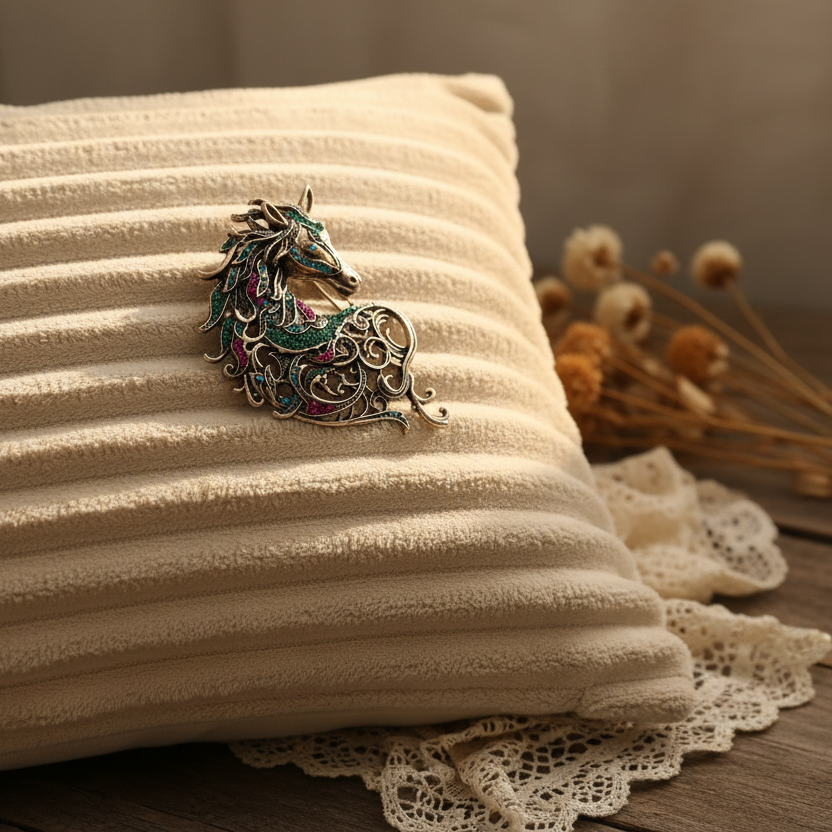 Decorative horse head brooch with gemstones on a textured beige pillow