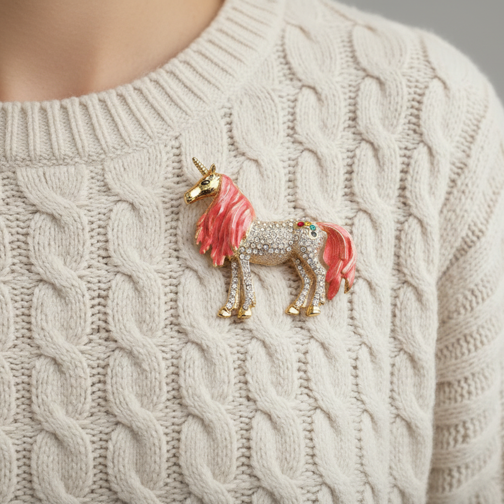 Unicorn brooch pin worn on the front of a cream cable knit sweater