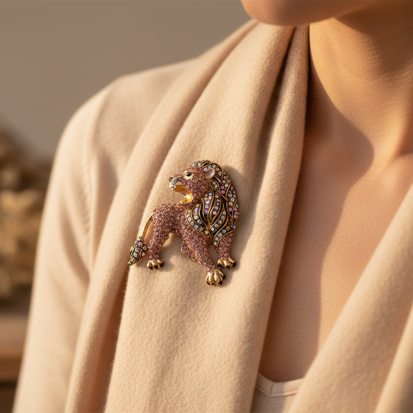 Pink and gold rhinestone lion brooch on a light gray background