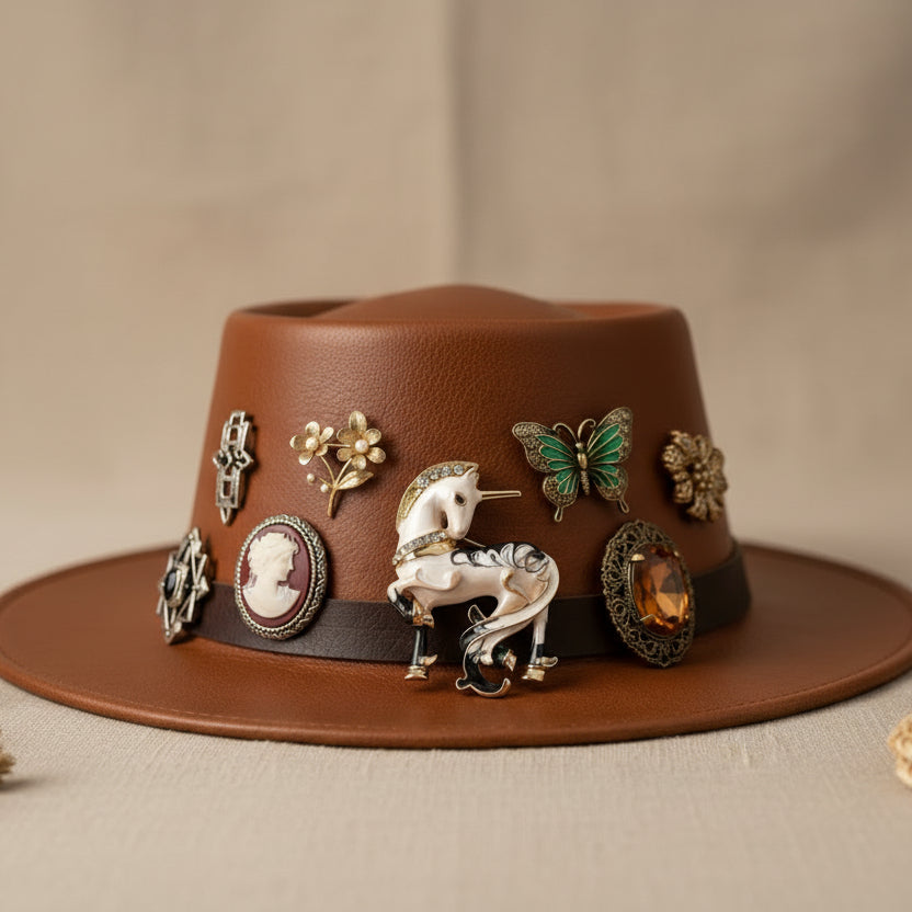 Small enamel unicorn brooch with gold-tone accents pinned on a brown hat, surrounded by vintage costume jewelry brooches